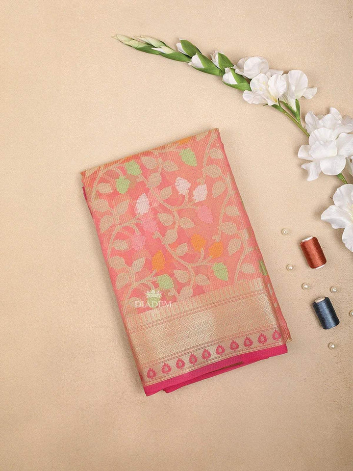 Pink Art Silk Saree with Vine leaf Motif on the Body with Designed Border - Diadem
