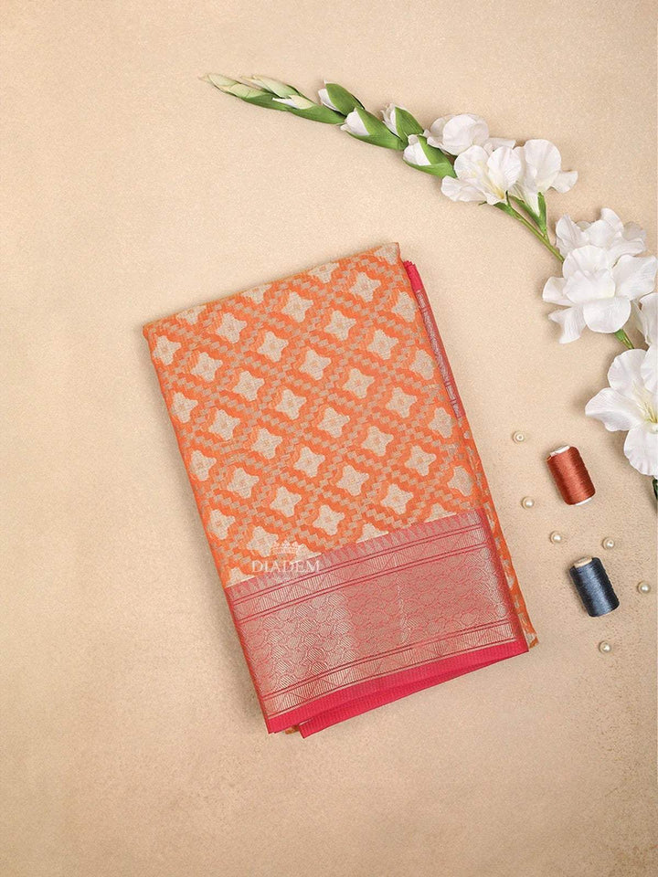 Orange Art Silk Saree with Diagonal Floral Design on the Body with Zari Border - Diadem