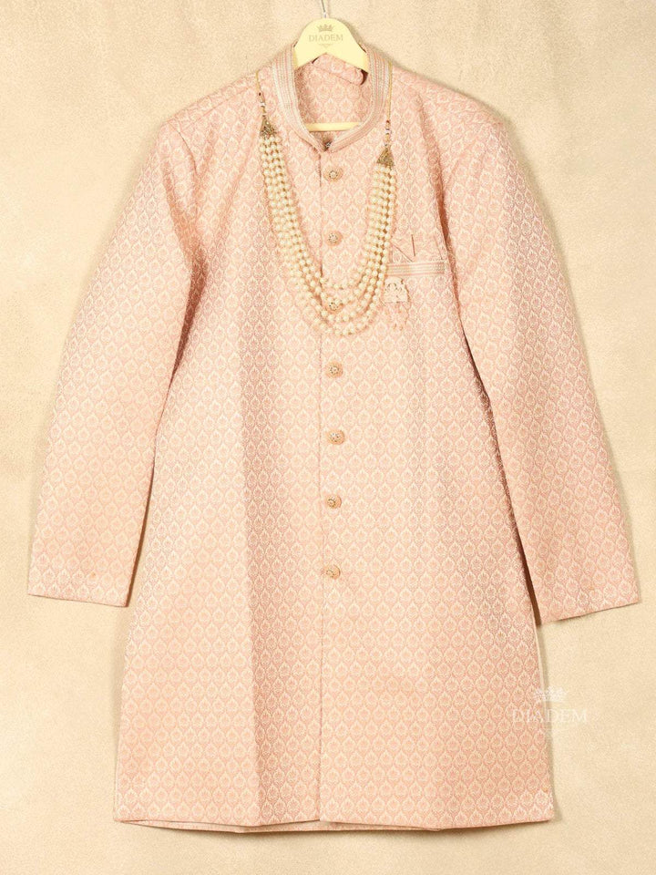 Light Peach Raw Silk Embossed Sherwani Suit with Beaded Mala - Diadem