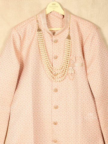 Light Peach Raw Silk Embossed Sherwani Suit with Beaded Mala - Diadem