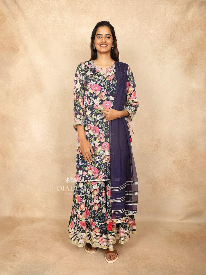 Dark Blue Cotton Straight Cut Salwar Suit Adorned with Sequins and Floral Design Paired with Dupatta - Diadem