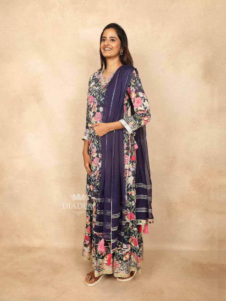 Dark Blue Cotton Straight Cut Salwar Suit Adorned with Sequins and Floral Design Paired with Dupatta - Diadem