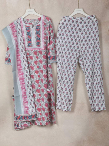 Light Pink Cotton Straight Cut Salwar Suit Adorned with Sequins and Floral Prints, Paired with Dupatta - Diadem