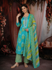 Aqua Blue Floral Printed Design Cotton Straight Cut Salwar Suit with Dupatta