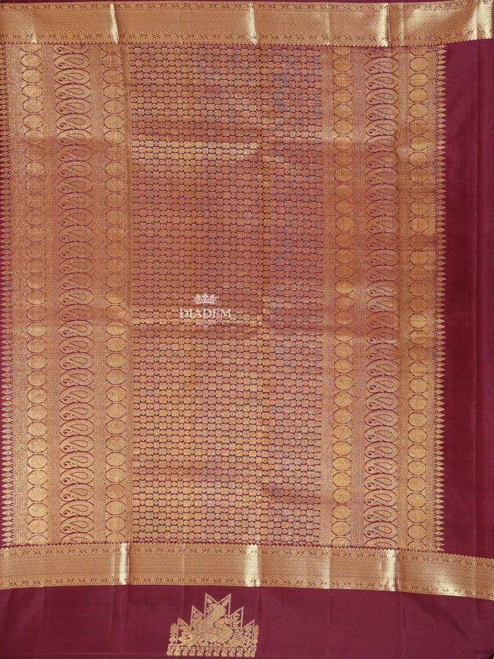 Peach Pure Kanchipuram Bridal Silk Saree with Checked Design on the Body with Zari Border - Diadem