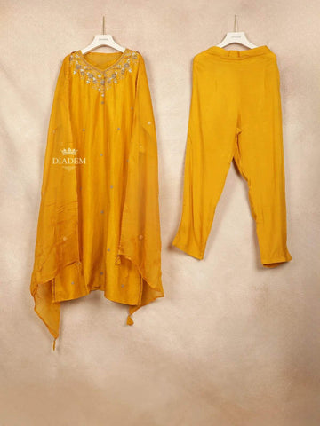 Yellow Straight Cut Salwar Suit for Girls Adorned with Embroidery and Floral Design and with Dupatta - Diadem