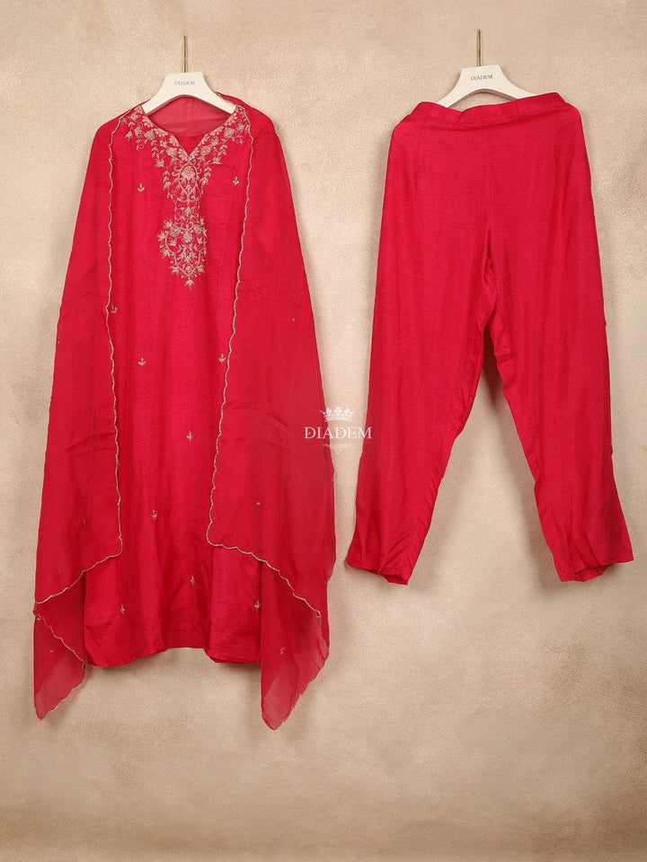 Red Straight Cut Salwar Suit for Girls Adorned with Embroided Floral Design and Paired with Dupatta - Diadem