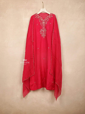 Red Straight Cut Salwar Suit for Girls Adorned with Embroided Floral Design and Paired with Dupatta - Diadem