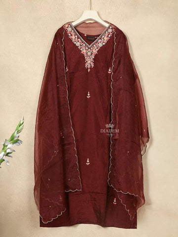 Maroon Crepe Straight Cut Salwar Suit for Girls Adorned with Thread work and Flower Design, Paired with Dupatta - Diadem