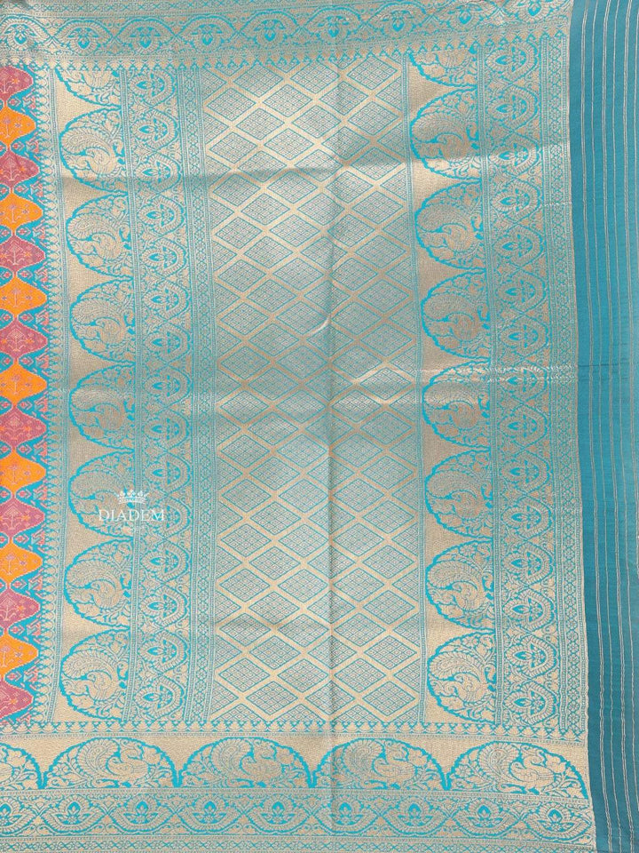 Teal Blue Semi Banarasi Saree with Fancy Design on the Body with Zari Border - Diadem