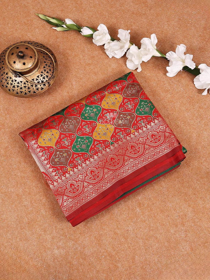 Red Semi Banarasi Saree with Geometric Design on the Body with Zari Border - Diadem