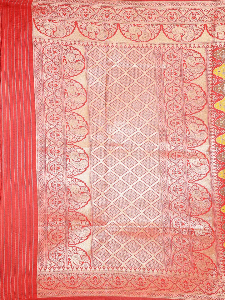 Red Semi Banarasi Saree with Geometric Design on the Body with Zari Border - Diadem