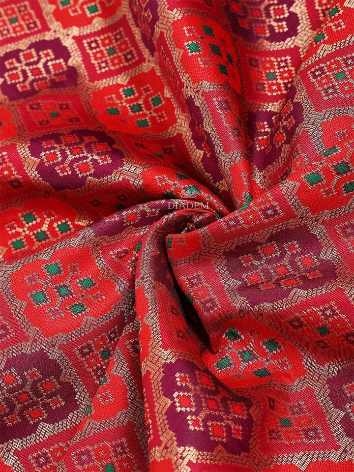 Red Semi Banarasi Saree with Geometric and Floral Motif on the Body with Border - Diadem