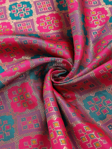 Red Pink Semi Banarasi Saree with Geometric and Floral Motif Design on the Body with Border - Diadem