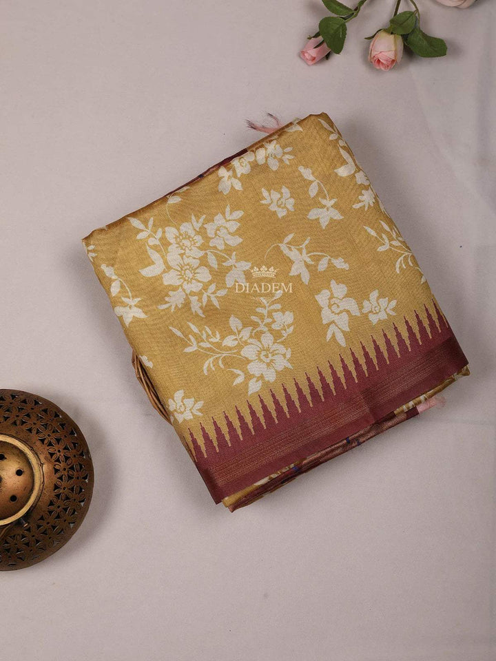 Yellow Semi Tussar Silk Saree with Flower and Leaf Design on the Body and with Border - Diadem