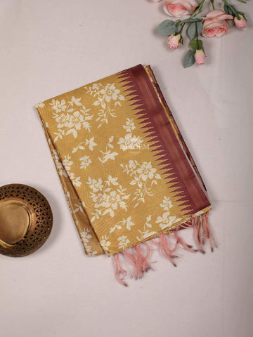 Yellow Semi Tussar Silk Saree with Flower and Leaf Design on the Body and with Border - Diadem