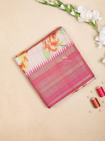 Peach Semi Tussar Silk Saree with Floral Design on the Body with Contrast Border - Diadem