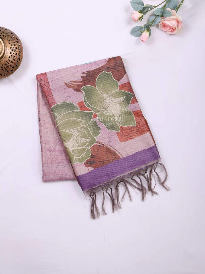 Light Lavender Semi Tussar Silk Saree with Flower Design on the Body and without Border - Diadem