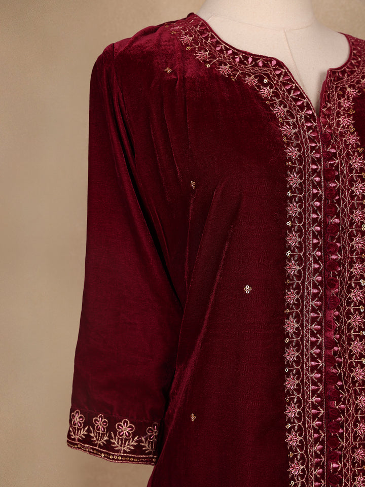 Dark Red Floral Designed Velvet Co Ord Salwar Suit - Diadem