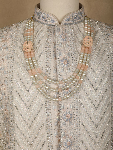 Cream Floral Embroidered Cotton Sherwani Suit - Diadem