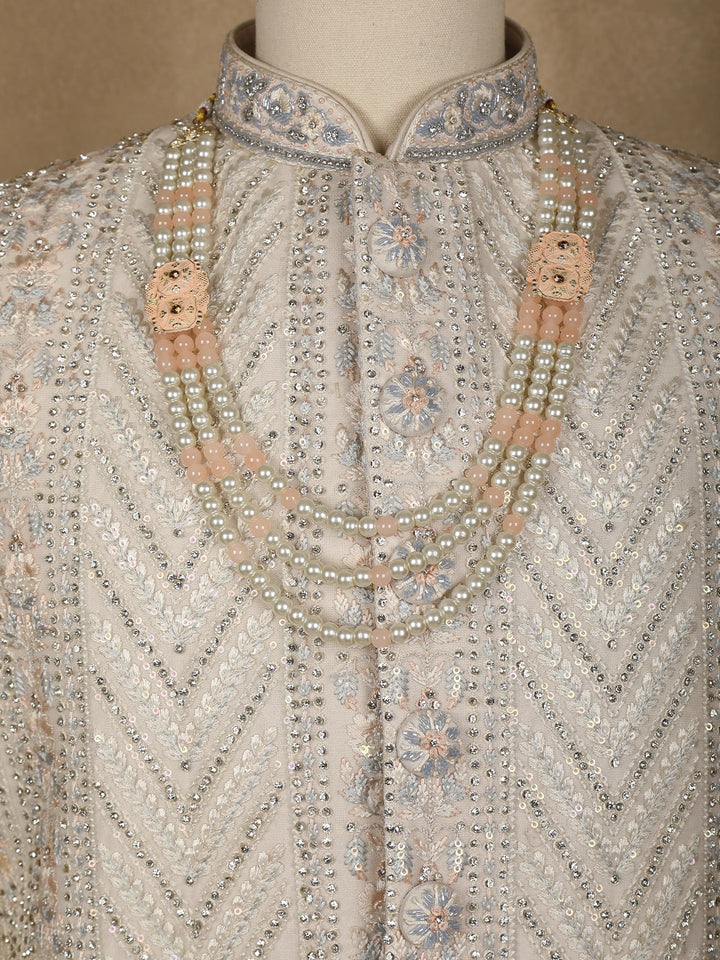 Cream Floral Embroidered Cotton Sherwani Suit - Diadem