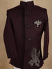 Wine Eagle Design Embroidered Polyester Sherwani and Pant Set