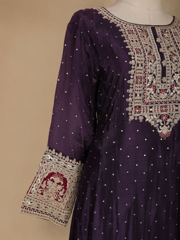 Dark Purple Floral Designed Crepe Anarkali Salwar Suit - Diadem