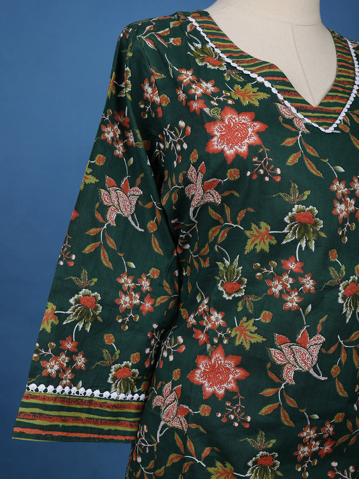 Dark Green Floral Designed Cotton Salwar Suit - Diadem