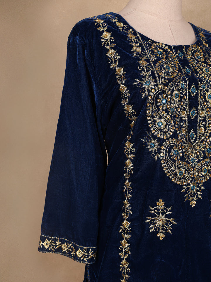 Blue Floral Designed Velvet Co Ord Salwar Suit - Diadem