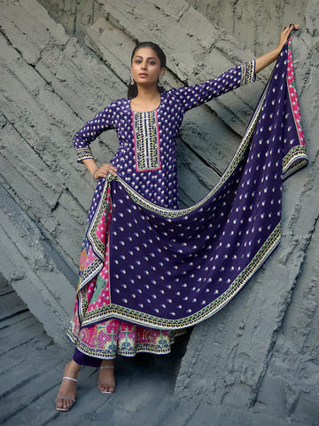 Navy Blue Floral Printed Synthetic Salwar Suit - Diadem