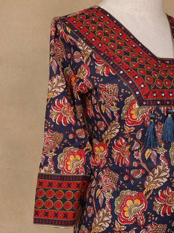 Navy Blue Floral Design Printed Cotton Salwar Suit - Diadem