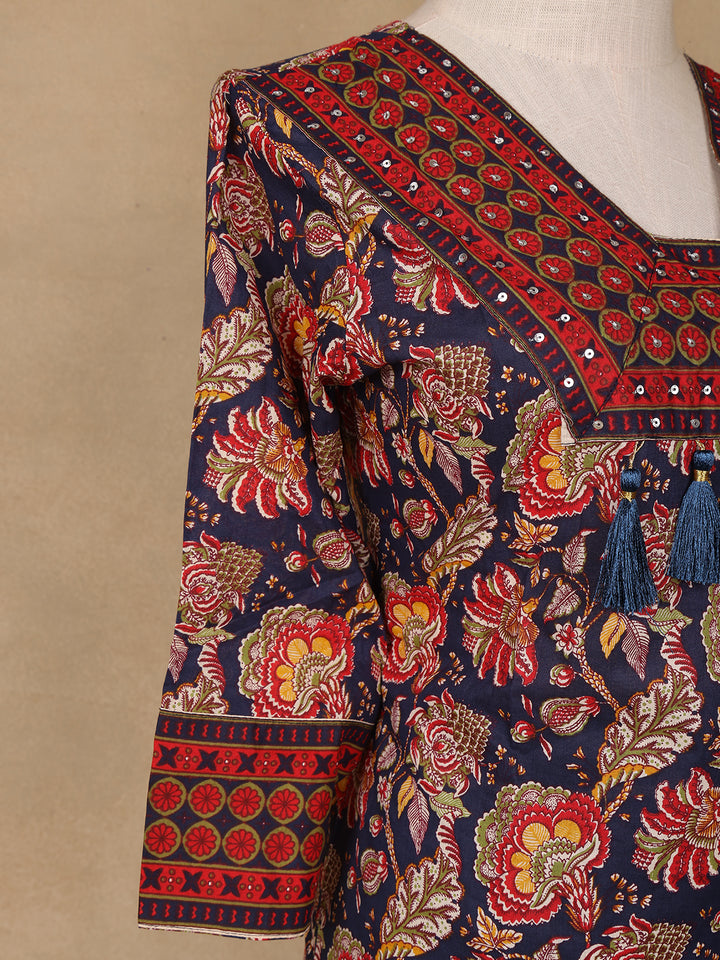 Navy Blue Floral Design Printed Cotton Salwar Suit - Diadem