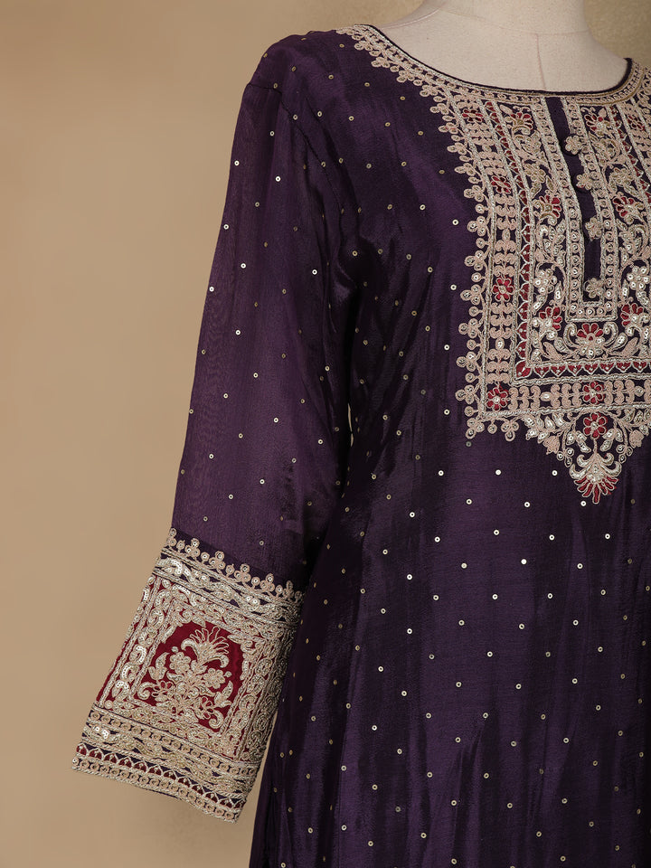Dark Purple Floral Designed Crepe Anarkali Salwar Suit - Diadem