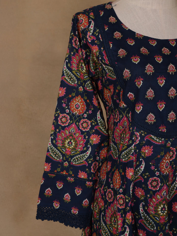 Navy Blue Floral Design Printed Cotton Salwar Suit - Diadem