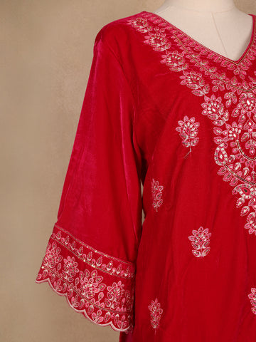 Red Floral Designed Velvet Co Ord Salwar Suit - Diadem