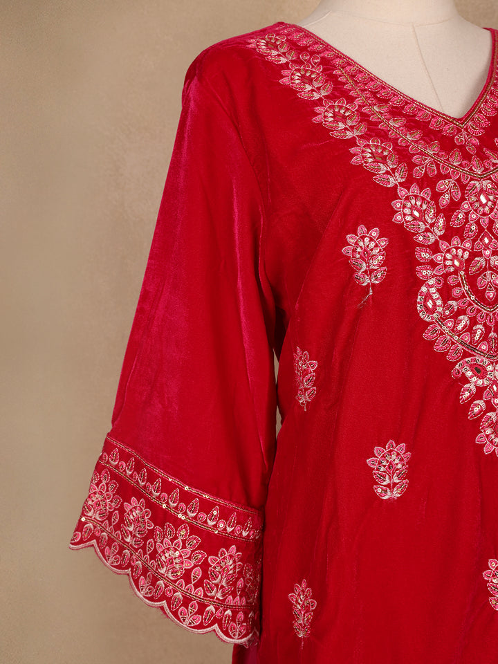 Red Floral Designed Velvet Co Ord Salwar Suit - Diadem