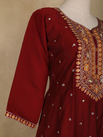 Dark Red Floral Designed Semi Silk Salwar Suit - Diadem