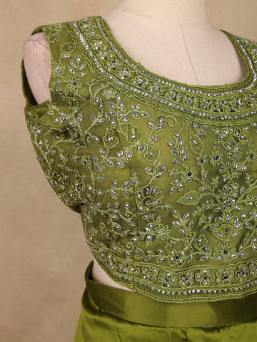 Olive Green Floral Design Net Palazzo Suit - Diadem