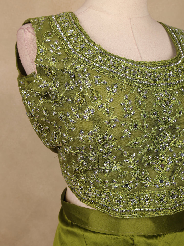 Olive Green Floral Design Net Palazzo Suit - Diadem
