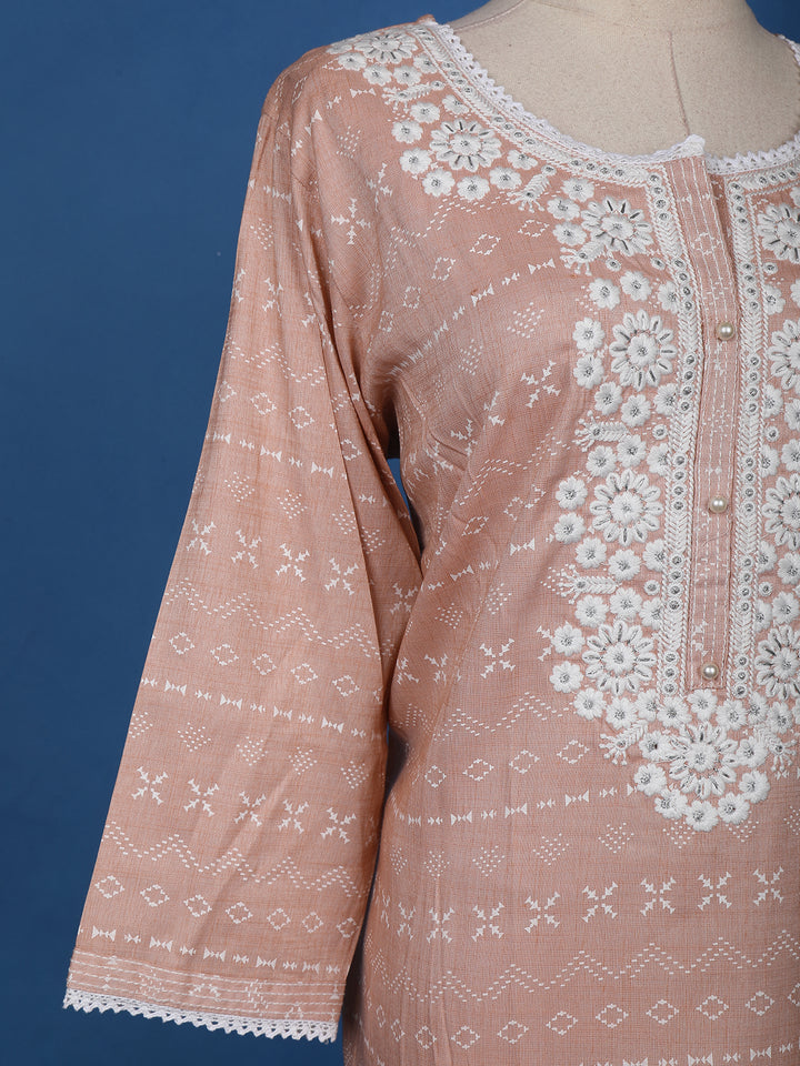 Peach Floral Designed Cotton Kurti - Diadem