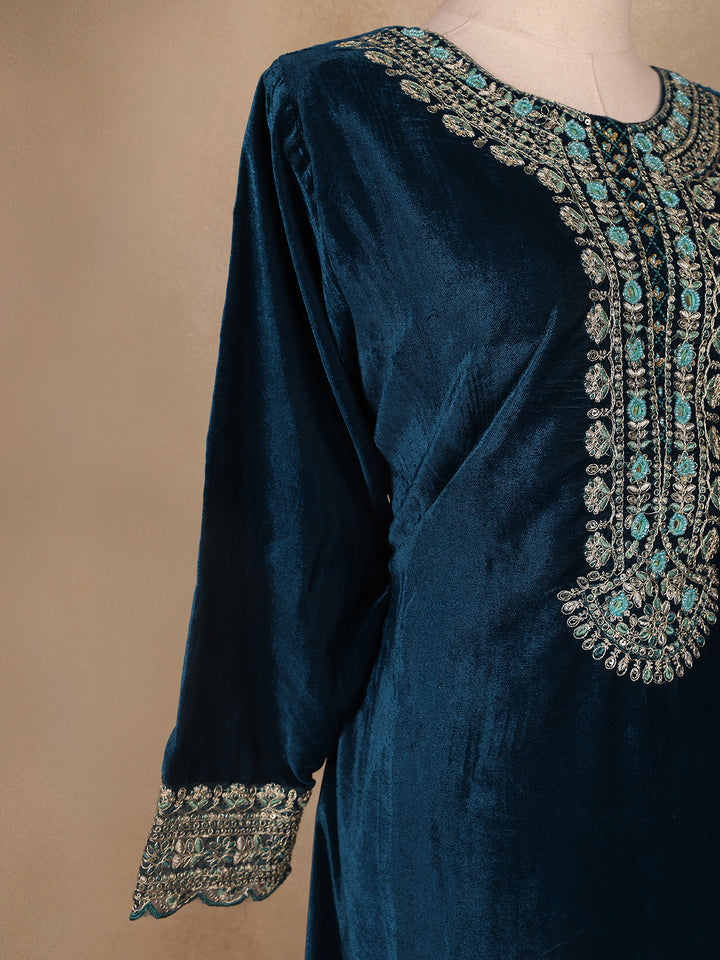 Blue Floral Designed Velvet Co Ord Salwar Suit - Diadem