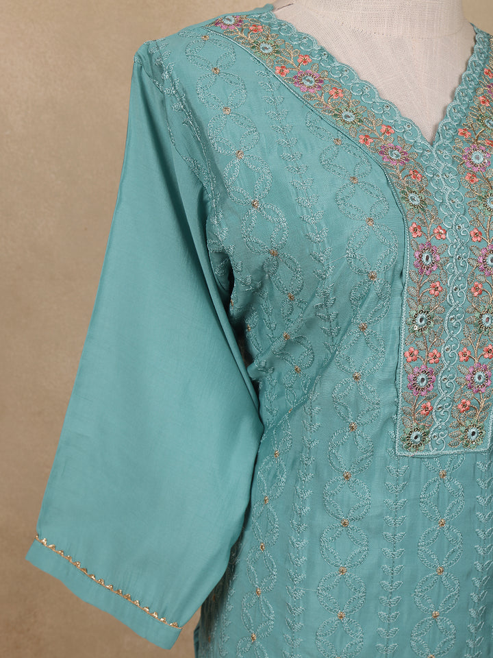 Light Blue Sequins Floral Design Cotton Salwar Suit - Diadem