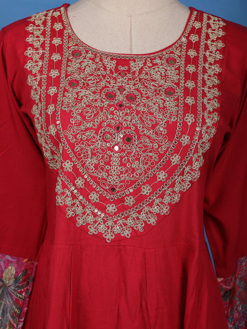 Deep Red Floral Embroidered Cotton Salwar Suit - Diadem