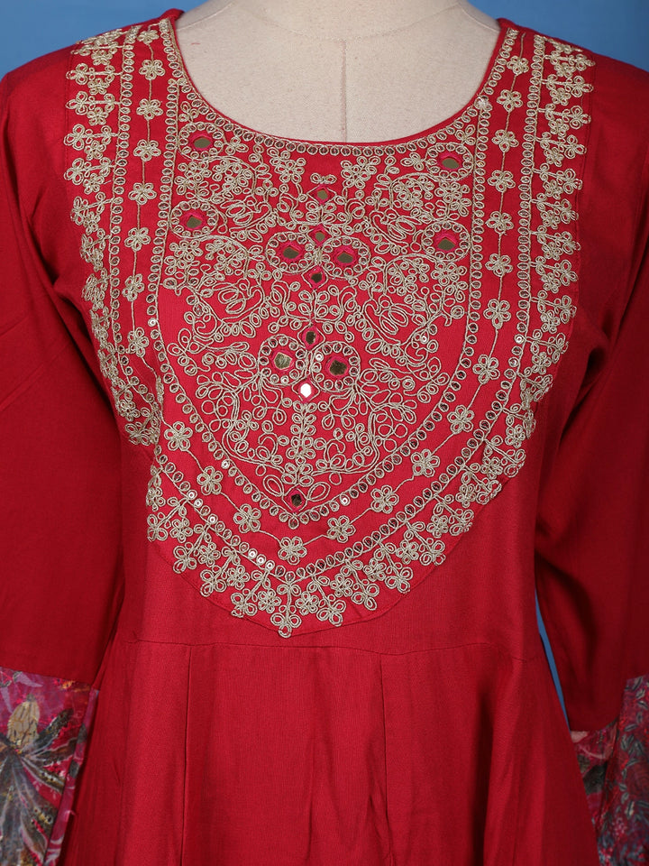 Deep Red Floral Embroidered Cotton Salwar Suit - Diadem