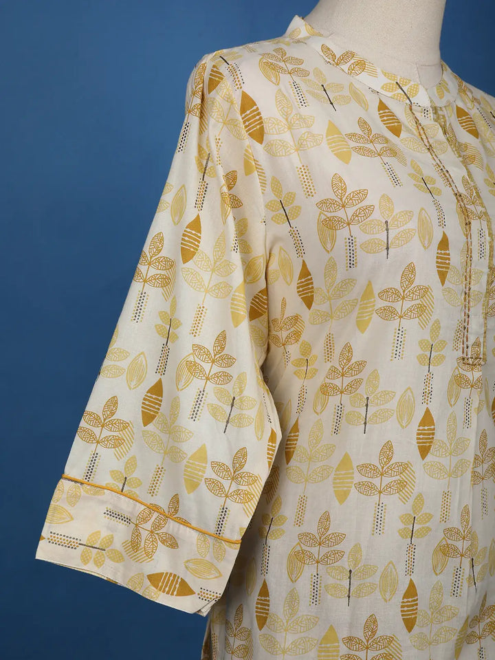 Beige & Mustard Leaf Printed Cotton Salwar Suit - Diadem