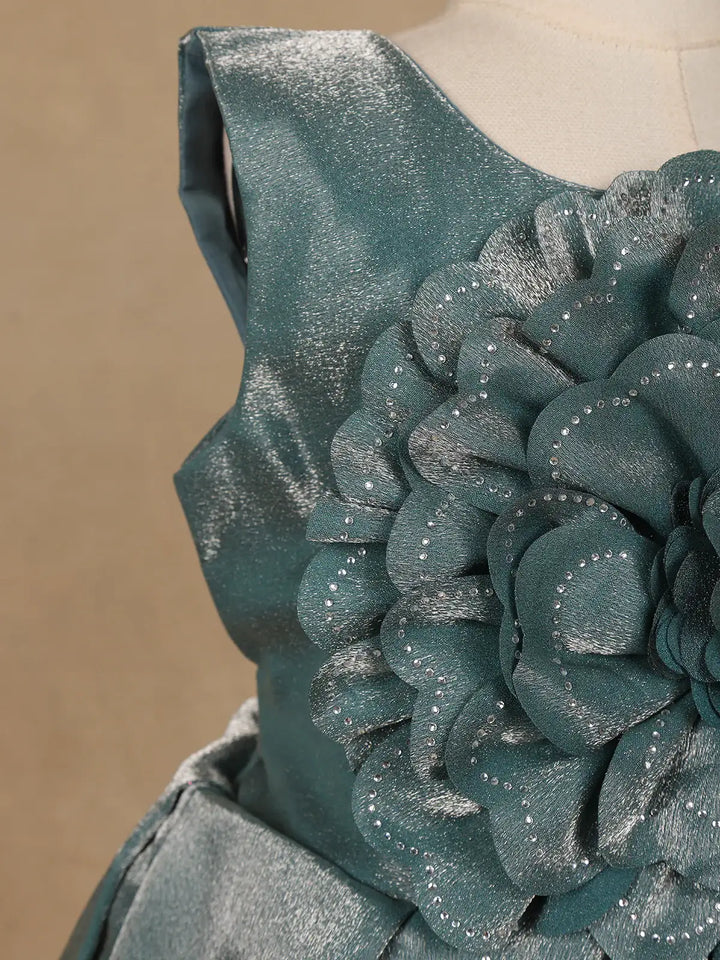 Teal Green Metallic Shine Party Frock with Oversized Glitter Floral Embellishment - Diadem