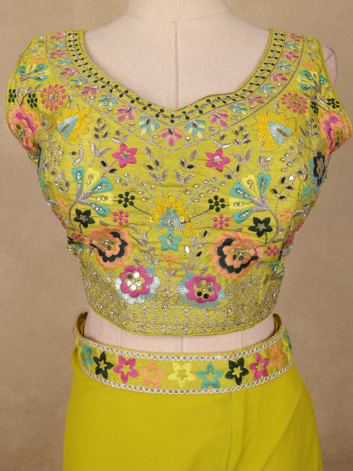 Lime Yellow Floral Sequins Embroidery Palazzo Suit - Diadem