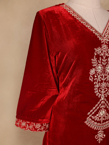 Red Floral Designed Velvet Co Ord Salwar Suit - Diadem