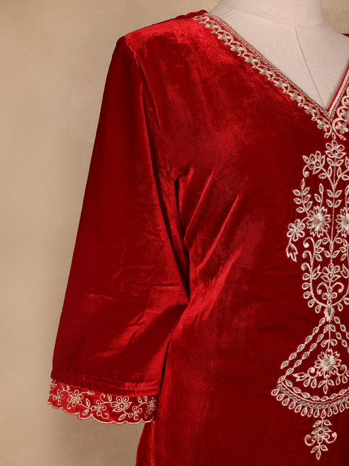 Red Floral Designed Velvet Co Ord Salwar Suit - Diadem