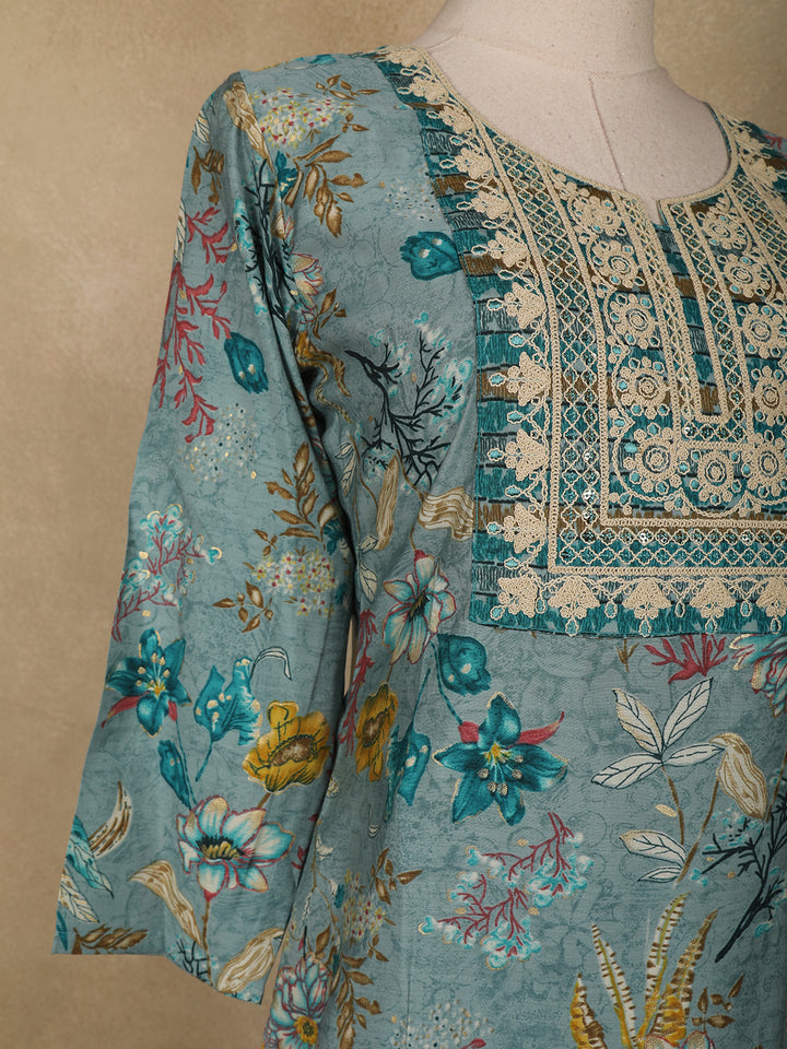 Green Floral Printed Cotton Salwar Suit - Diadem